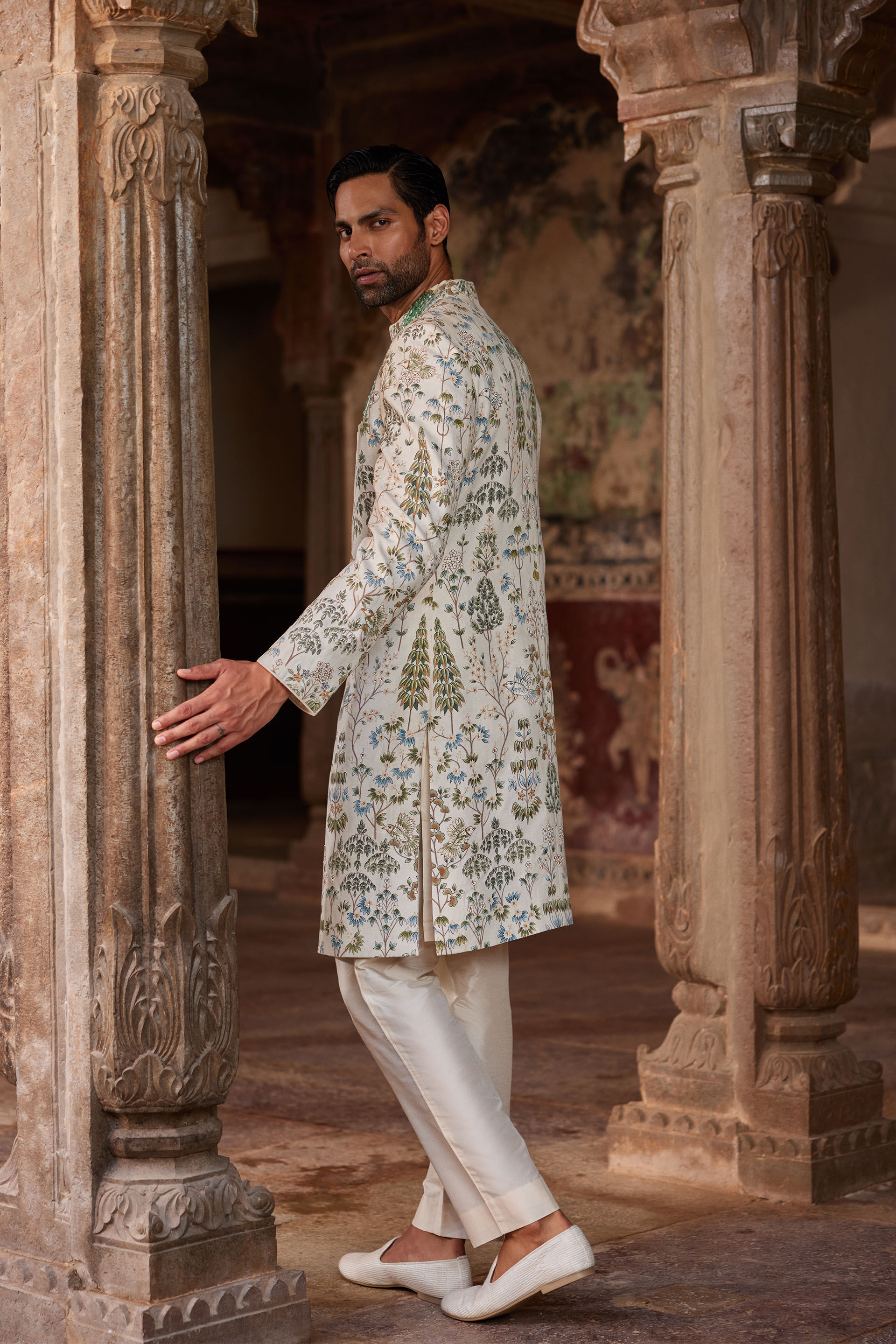 Shahoor Hand-painted Pichhwai Sherwani - Off White